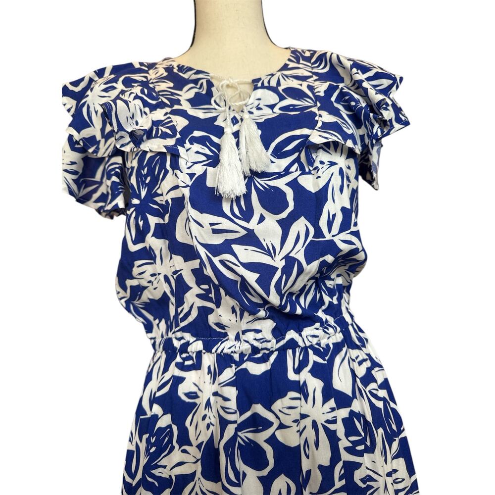 Marissa Olivia Blue/White Womens S Dress Floral Ruffle Sleeve Elastic Waist Midi - Picture 7 of 8